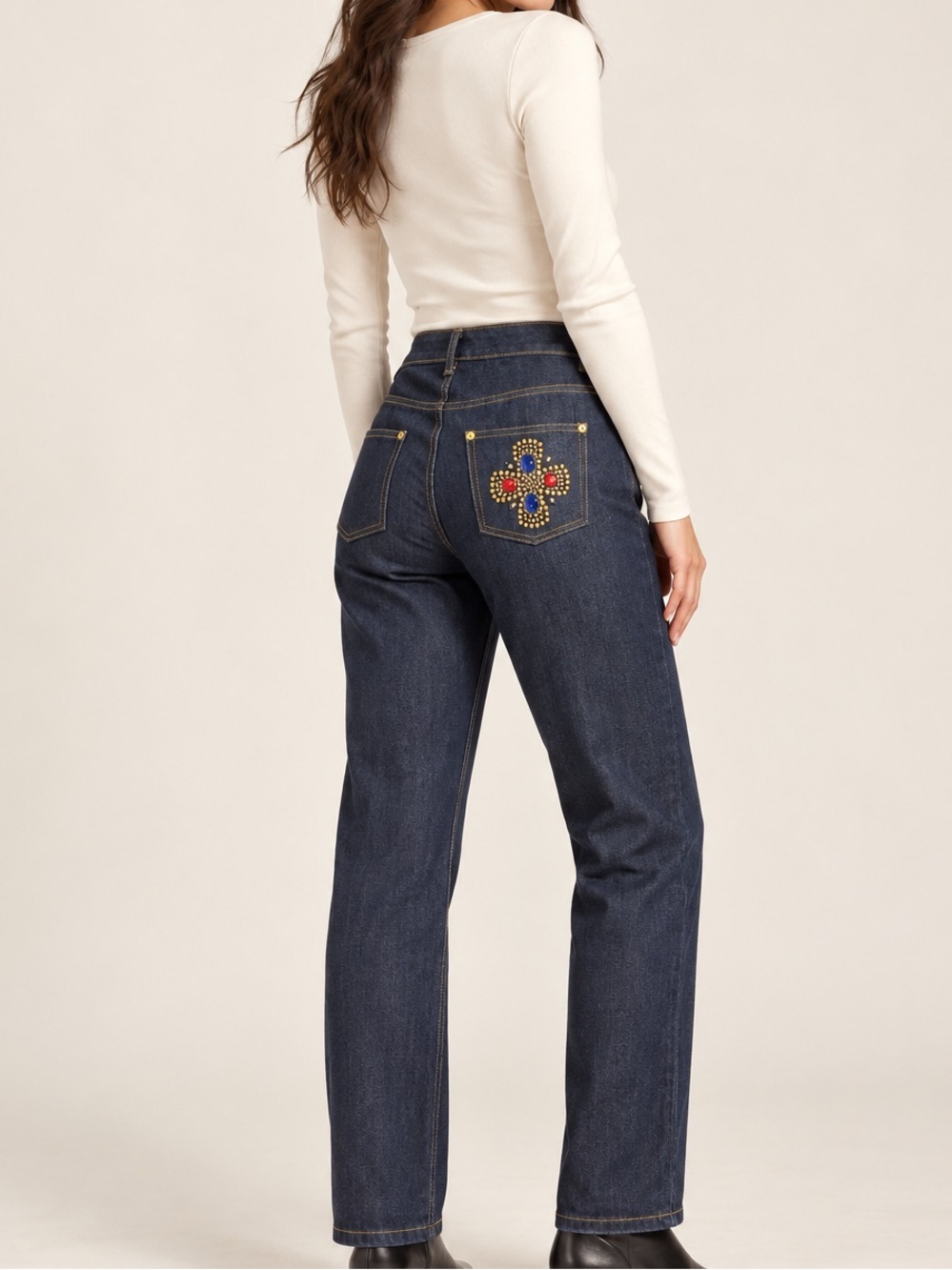 St John Womens Jeans 12 Dark Wash Straight Leg Jeweled Cross Pocket Gold Luxury